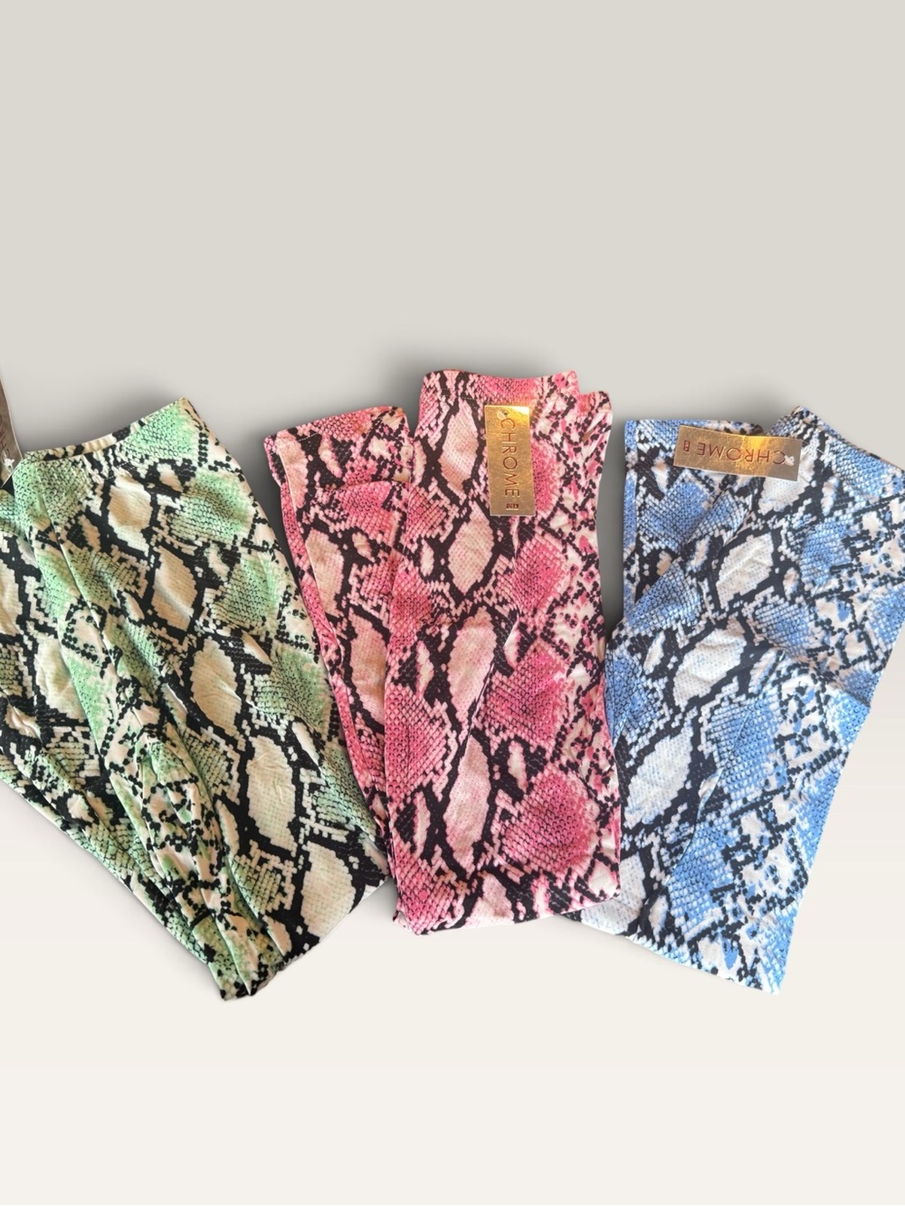 NWT Chrome Snakeskin Flare Leggings Bundle - Set of 3 (Mint, Blue, Pink) OSFA